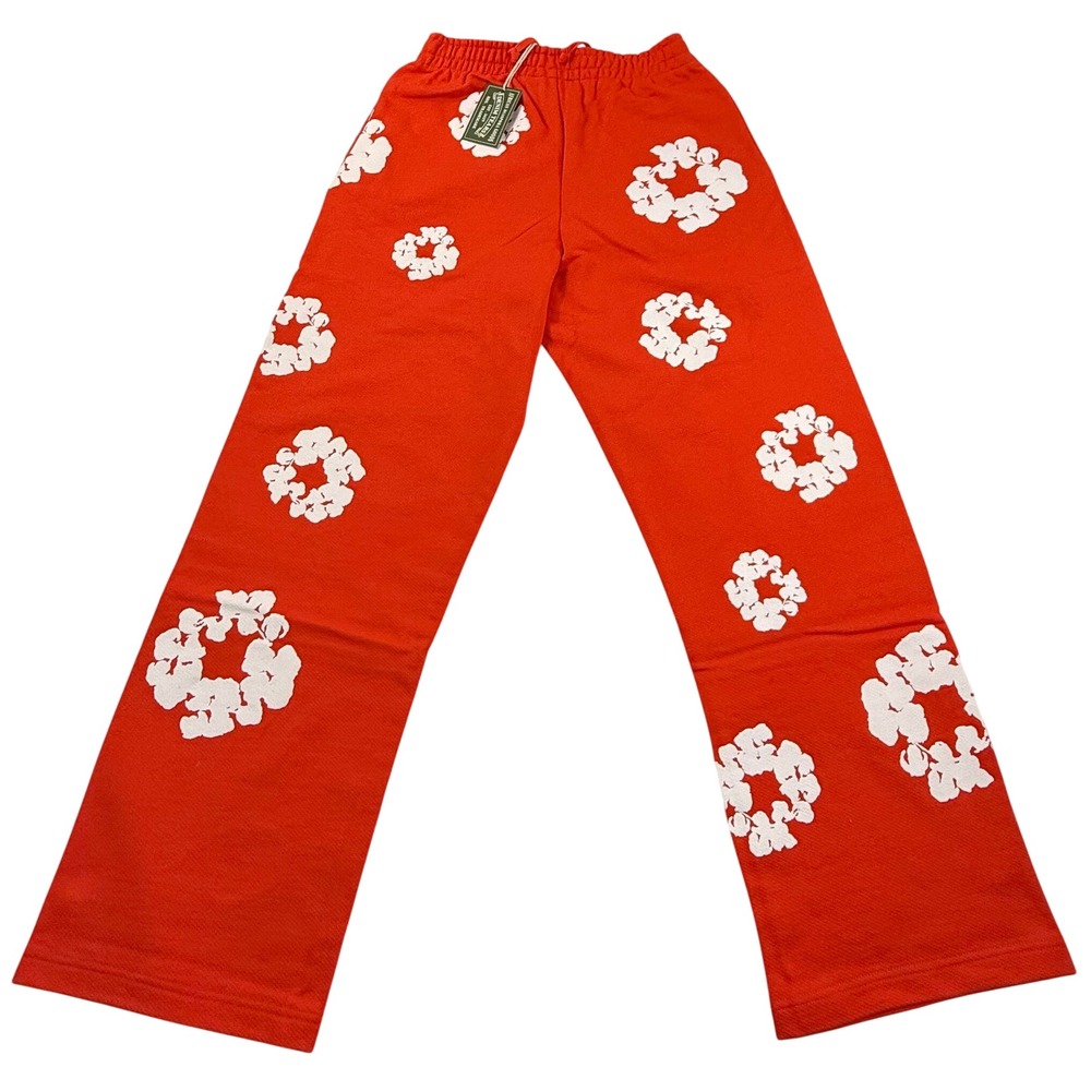 Denim Tears Cotton Wreath Sweatpants orange White Puff Print Floral Sweats NEW